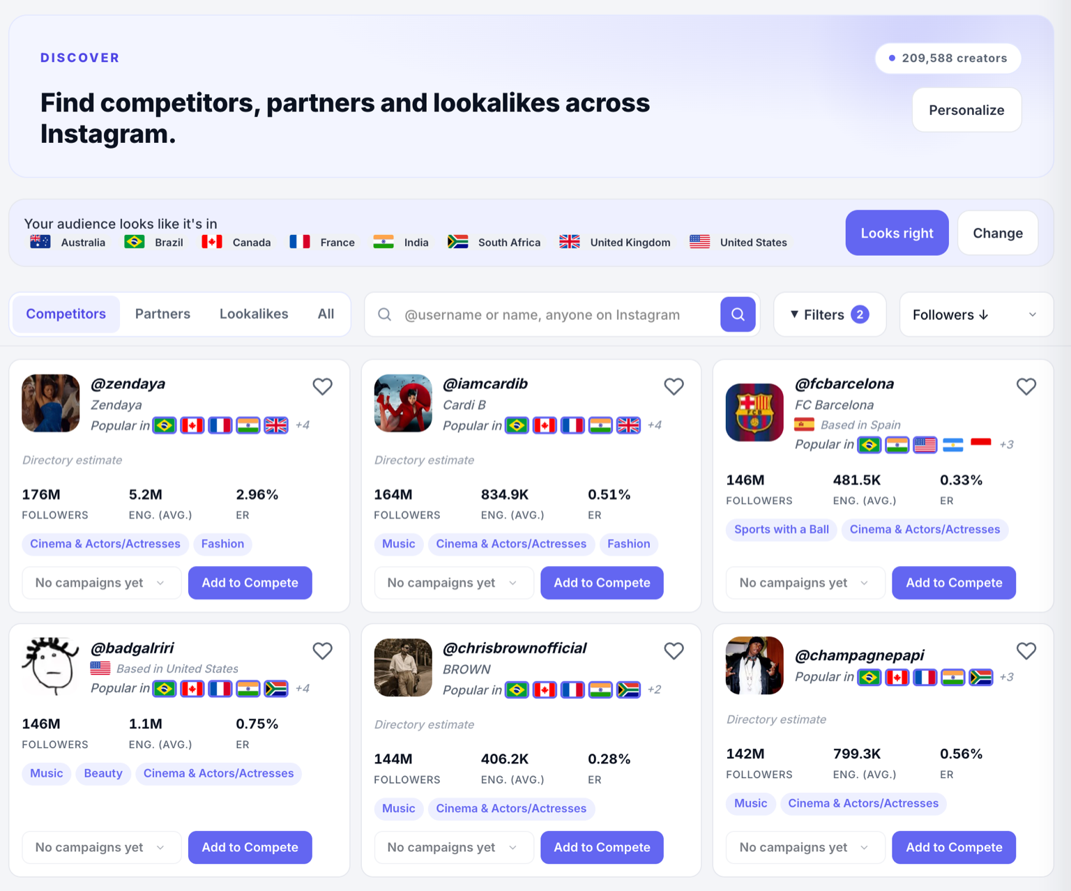 Hexrate Discover: competitors for your account, with followers, engagement rate and audience countries