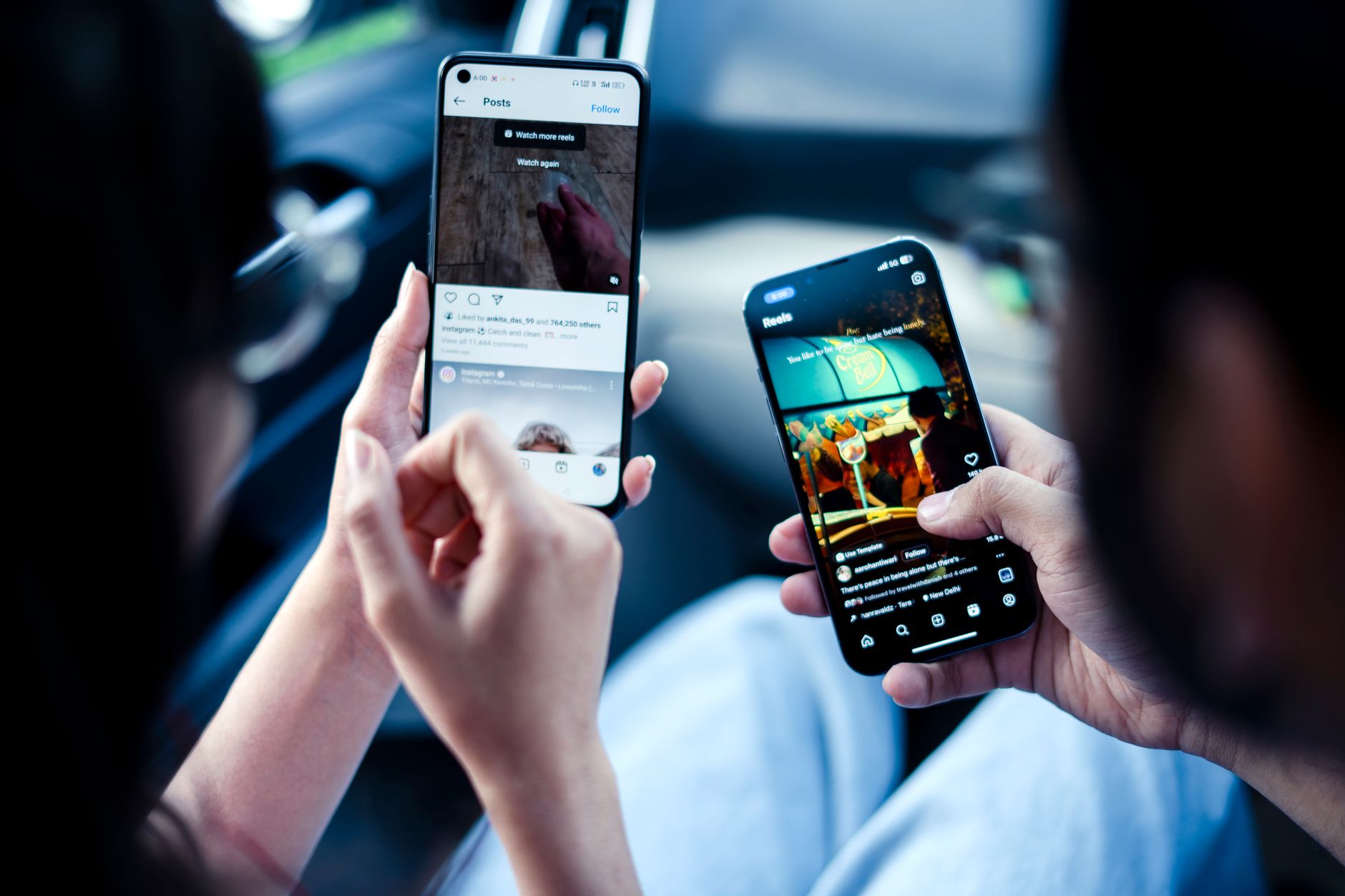 Two people viewing Instagram posts and Reels on their phones, with like and comment counts visible on screen
